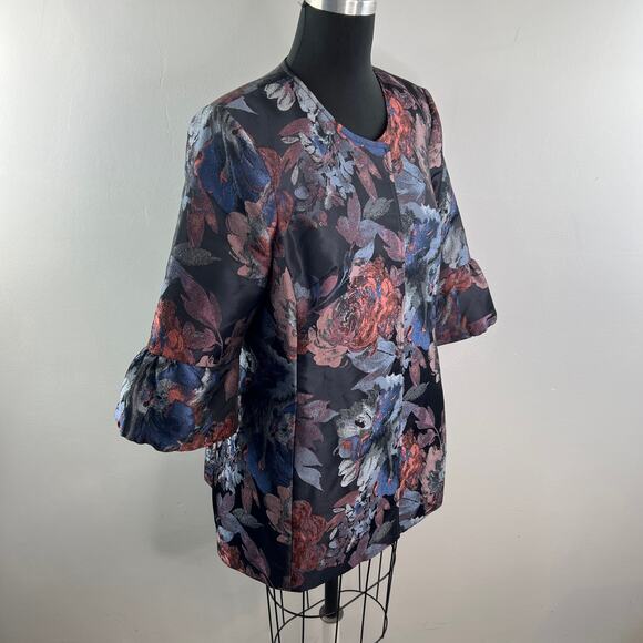 3 Sisters Multi Jacket Floral V-Neck Button Front Ruffle 3/4 Sleeve Size Large L - Picture 5 of 10